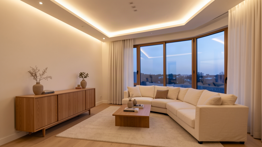 Wohnzimmer mit indirekter LED-Beleuchtung hinter einer TV-Wand